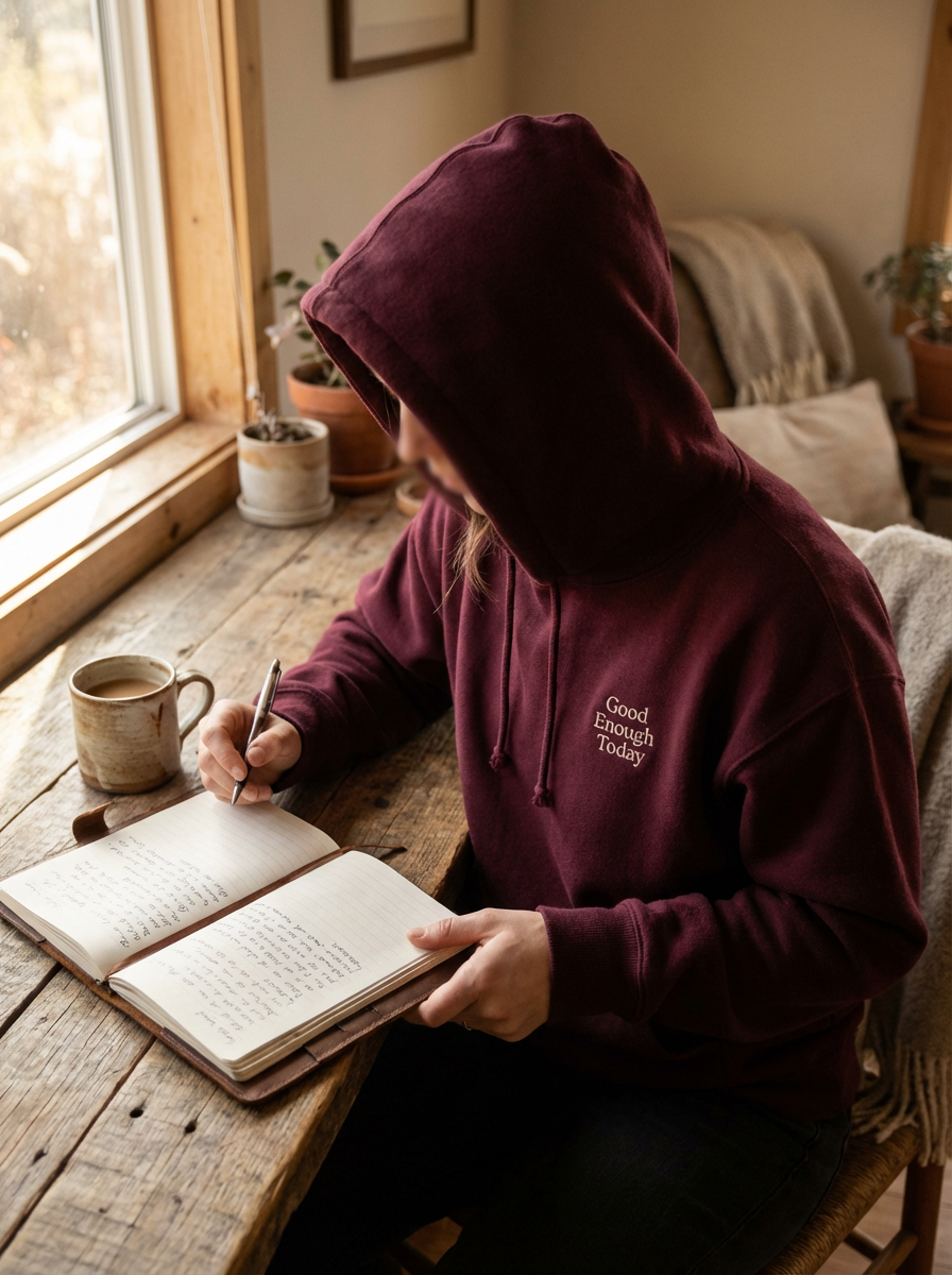 Person wearing Good Enough Today hoodie while journaling at a wooden table in morning light